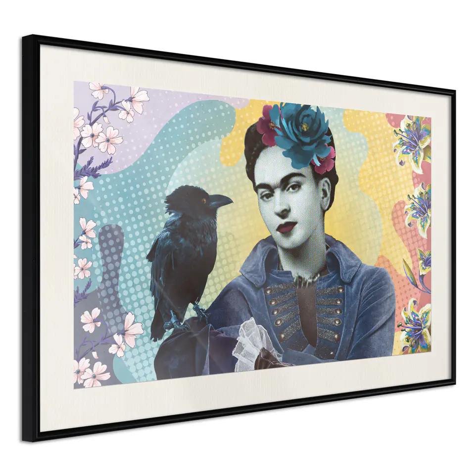 ⁨Poster - Frida with a crow (size 60x40, finish Black frame with passe-partout)⁩ at Wasserman.eu