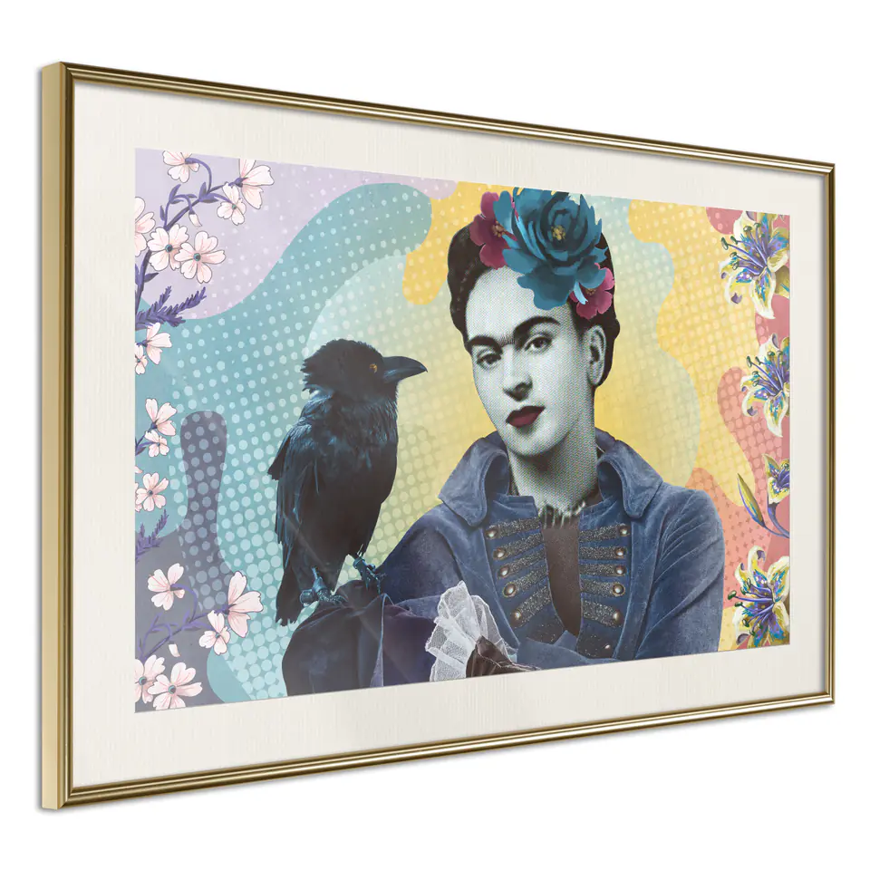 ⁨Poster - Frida with a crow (size 45x30, finish Gold frame with passe-partout)⁩ at Wasserman.eu