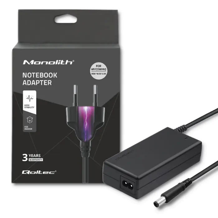 ⁨Qoltec Zasilacz do HP Compaq 90W | 18.5V | 4.9A | 7.4*5.0+pin | +kabel zasilający (0NC)⁩ w sklepie Wasserman.eu