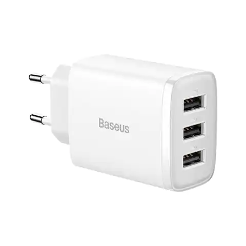 ⁨Baseus Compact Quick Charger, 3x USB, 17W (White)⁩ at Wasserman.eu