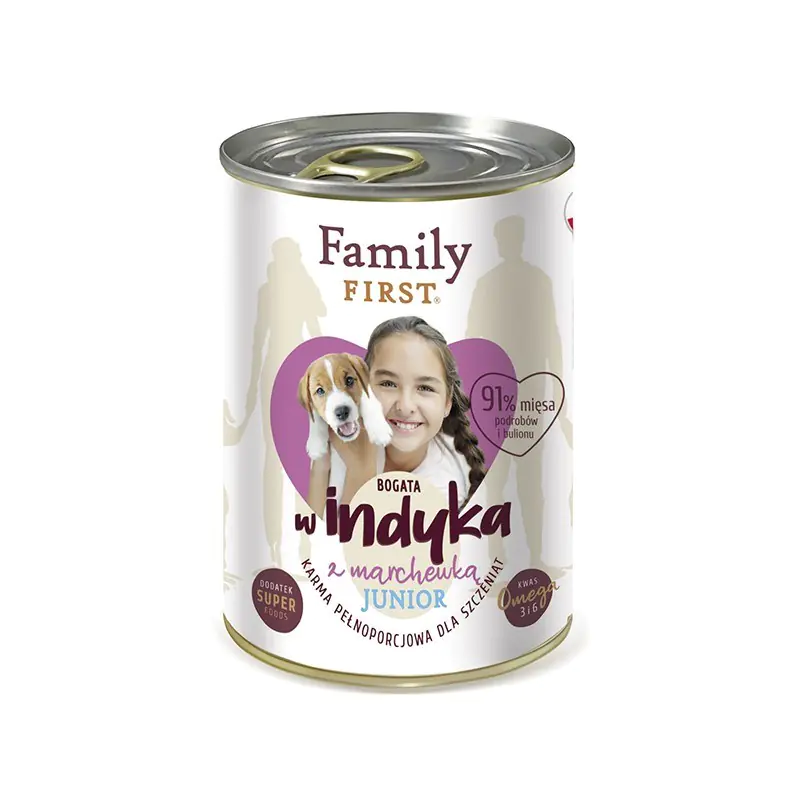 ⁨FAMILY FIRST Junior Indyk z marchewką - mokra karma dla psa - 400 g⁩ w sklepie Wasserman.eu