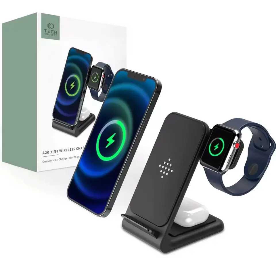 ⁨Ładowarka indukcyjna QI15W-A20 3w1 Wireless Charger Black⁩ w sklepie Wasserman.eu