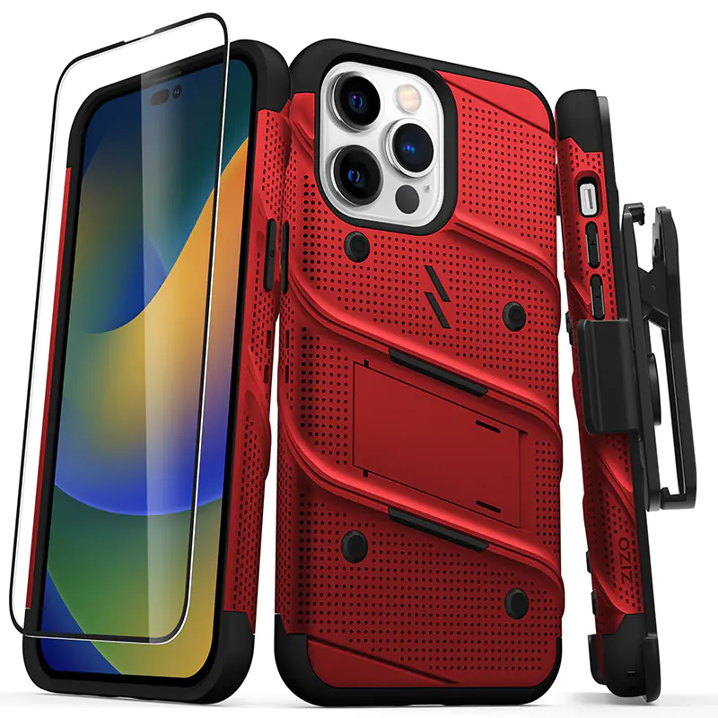 ⁨ZIZO BOLT Series - iPhone 14 Pro Max Armored Case with 9H Screen + Stand Holder (Red)⁩ at Wasserman.eu
