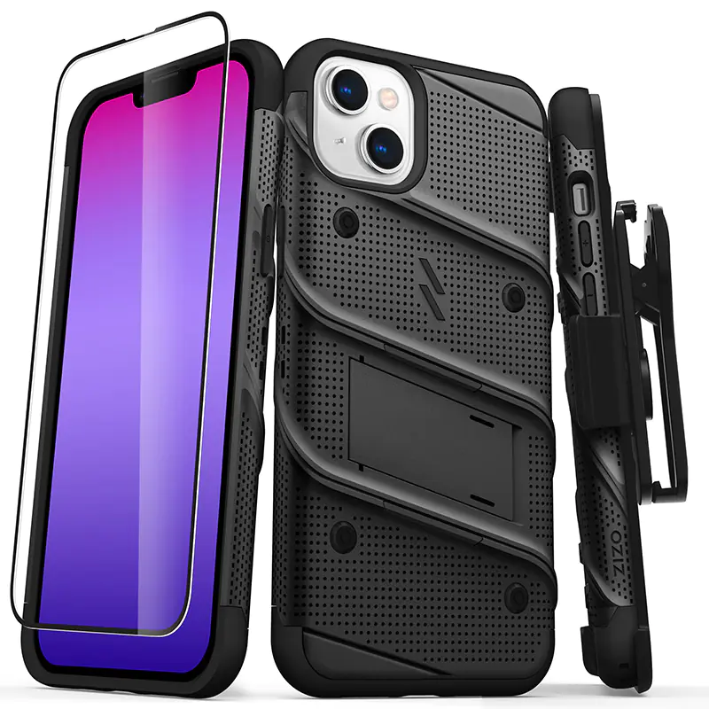 ⁨ZIZO BOLT Series - iPhone 14 Plus Armored Case with 9H Glass + Stand Holder (Black)⁩ at Wasserman.eu