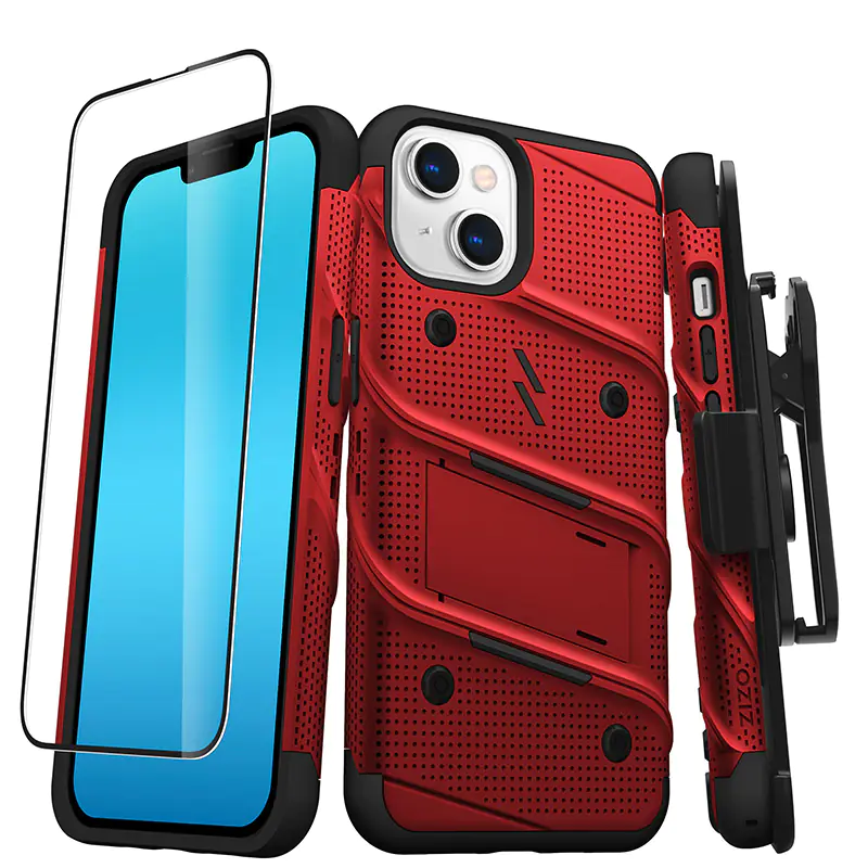 ⁨ZIZO BOLT Series - Pancerne etui iPhone 14 ze szkłem 9H na ekran + uchwyt z podstawką (czerwony)⁩ w sklepie Wasserman.eu