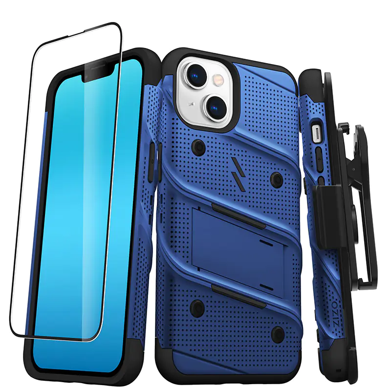 ⁨ZIZO BOLT Series - Pancerne etui iPhone 14 ze szkłem 9H na ekran + uchwyt z podstawką (niebieski)⁩ w sklepie Wasserman.eu