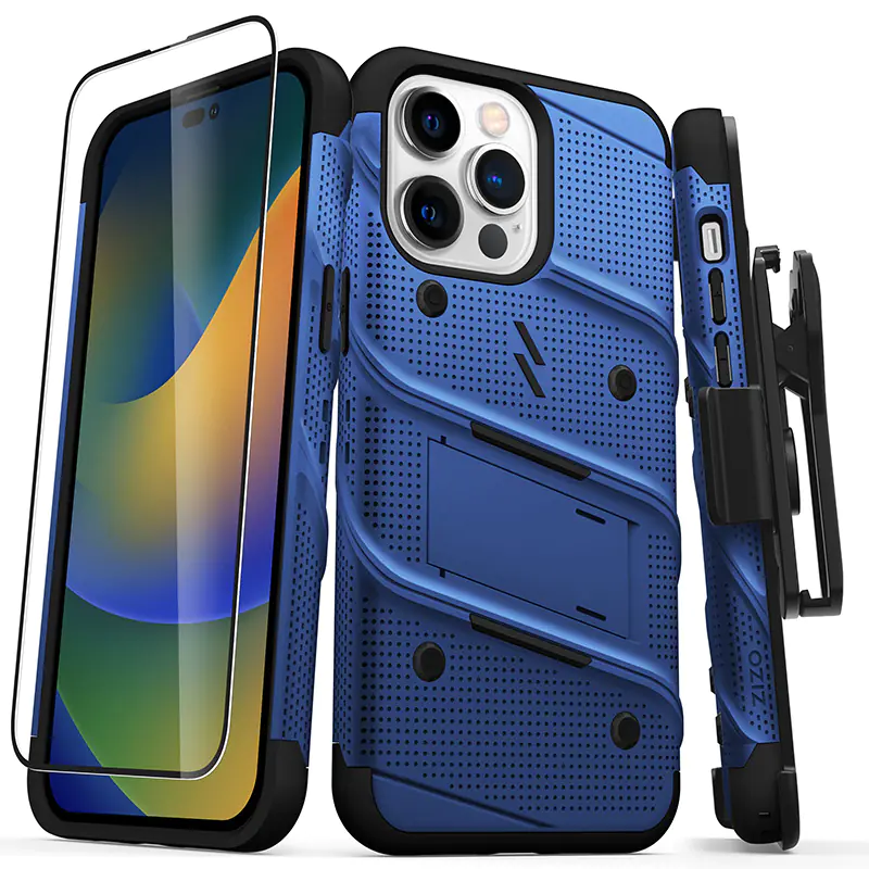 ⁨ZIZO BOLT Series - Pancerne etui iPhone 14 Pro Max ze szkłem 9H na ekran + uchwyt z podstawką (niebieski)⁩ w sklepie Wasserman.eu