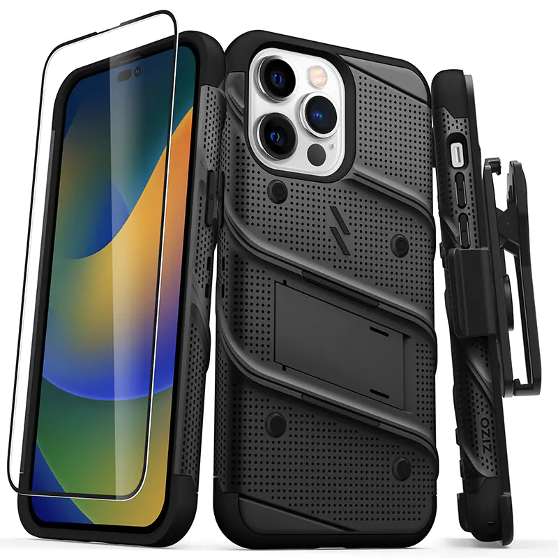 ⁨ZIZO BOLT Series - iPhone 14 Pro Max Armored Case with 9H Glass + Stand Holder (Black)⁩ at Wasserman.eu