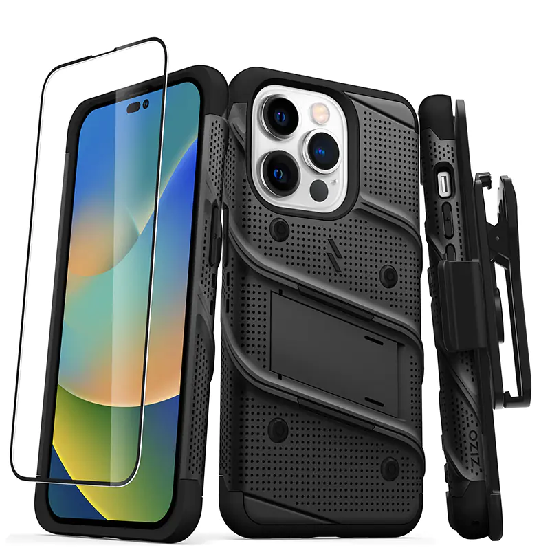 ⁨ZIZO BOLT Series - iPhone 14 Pro Armored Case with 9H Glass + Stand Holder (Black)⁩ at Wasserman.eu