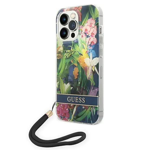 ⁨Guess GUOHCP14LHFLSB iPhone 14 Pro 6,1" niebieski/blue hardcase Flower Strap⁩ w sklepie Wasserman.eu