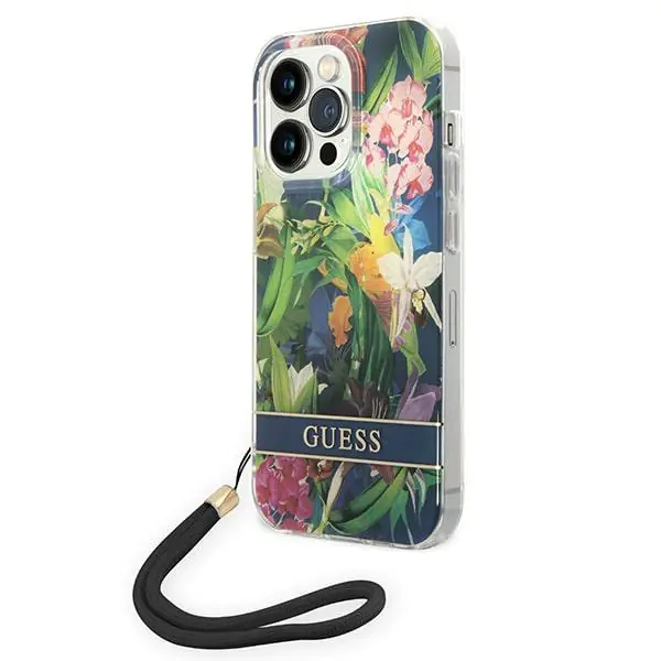 ⁨Guess GUOHCP14XHFLSB iPhone 14 Pro Max 6,7" niebieski/blue hardcase Flower Strap⁩ w sklepie Wasserman.eu