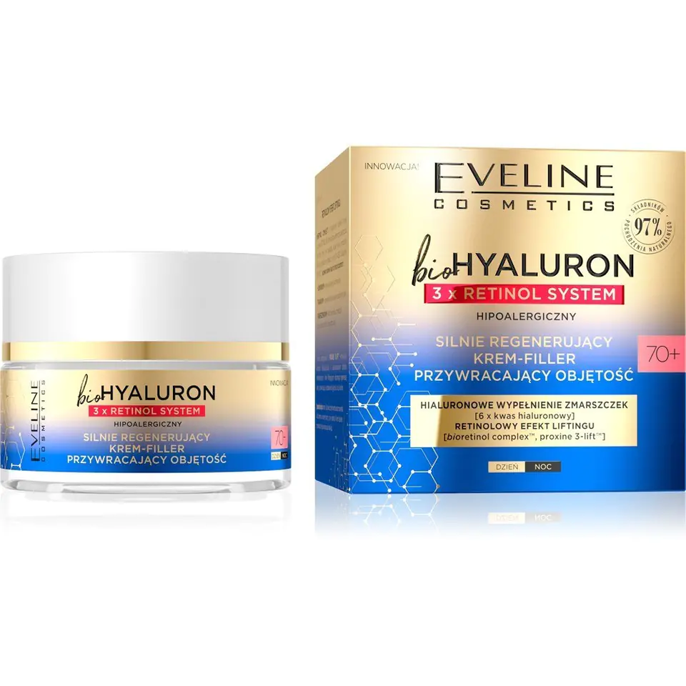 ⁨Eveline bioHYALURON 3xRetinol System 70+ Strongly regenerating Cream-Filler restoring volume 50ml⁩ at Wasserman.eu