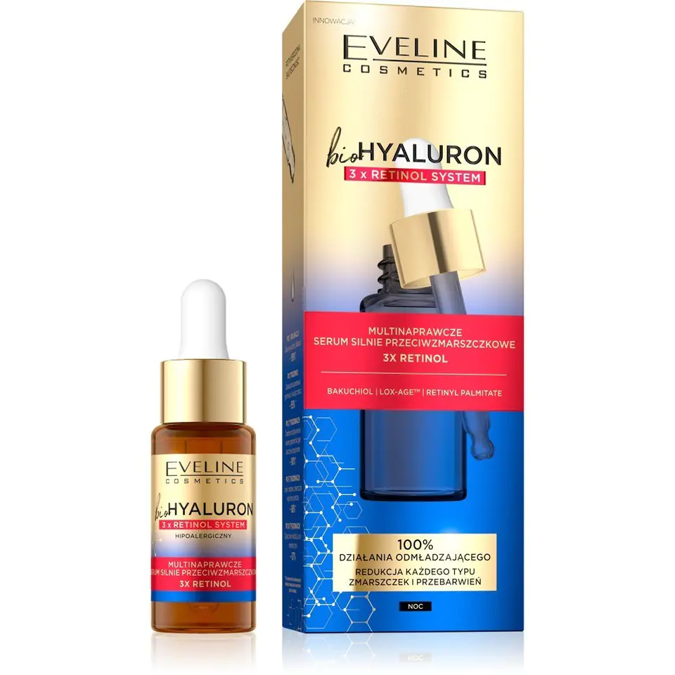 ⁨Eveline bioHYALURON 3xRetinol System Multinaprawcze Serum silnie przeciwzmarszczkowe 18ml⁩ w sklepie Wasserman.eu