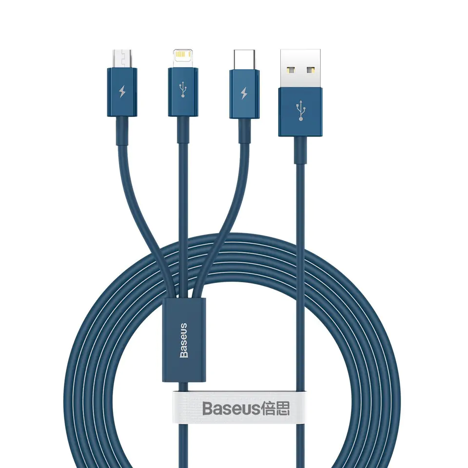 ⁨Kabel USB 3w1 Baseus Superior Series, USB do micro USB / USB-C / Lightning, 3.5A, 1.2m (niebieski)⁩ w sklepie Wasserman.eu