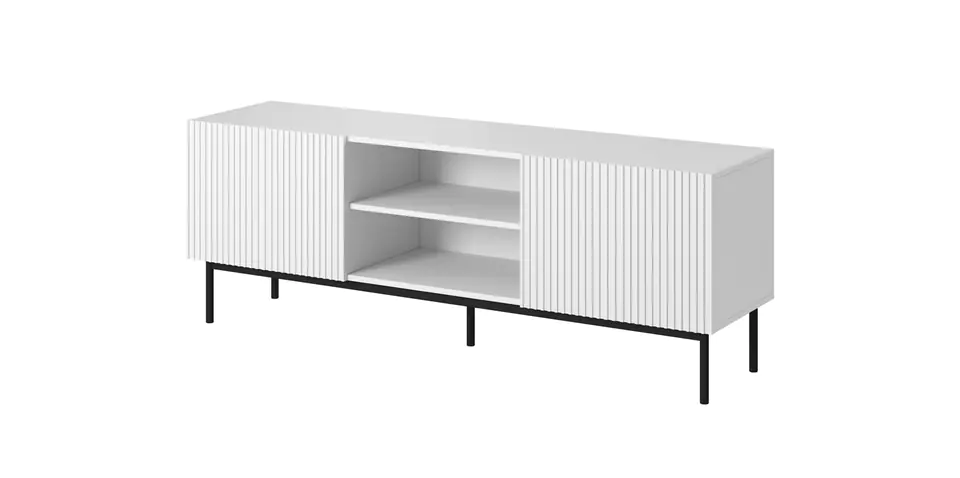 Szafka RTV PAFOS na czarnym stelażu ze stali 150x40x60 biały mat w sklepie Wasserman.eu