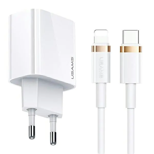 ⁨USAMS Ład. siec. 1xUSB-C T34 20W 5V-3A PD3.0 + kabel U63 USB-C do lightning 20W biały/white (T49) T49OCLN01⁩ w sklepie Wasserman.eu