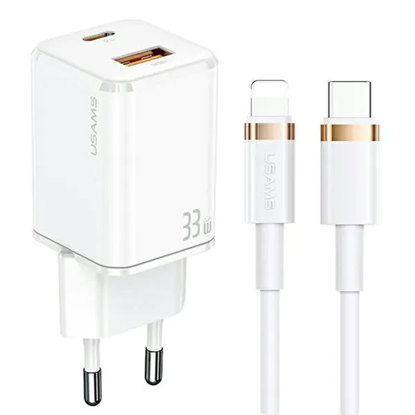 ⁨USAMS Ład. siec. 1xUSB-C+1xUSB T43 33W PD3.0 +QC3.0  + kabel U63 USB-C na lightning biały/white USKTZ02⁩ w sklepie Wasserman.eu