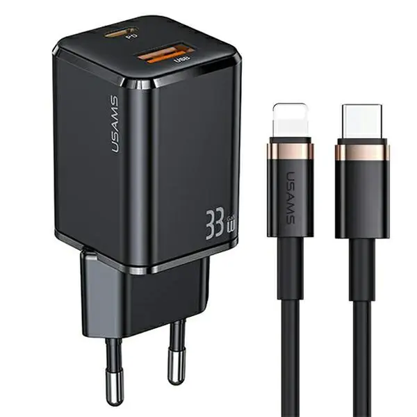 ⁨USAMS Order. mow. 1xUSB-C+1xUSB T43 33W PD3.0 +QC3.0 + U63 USB-C to Lightning Black/Black Cable USKTZ01⁩ at Wasserman.eu