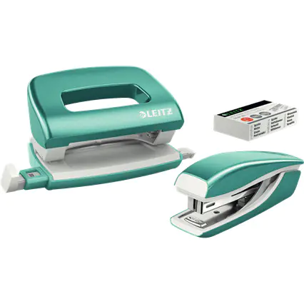 ⁨Stapler + hole punch LEITZ WOW mini 10 sheets turquoise metallic 55612051⁩ at Wasserman.eu