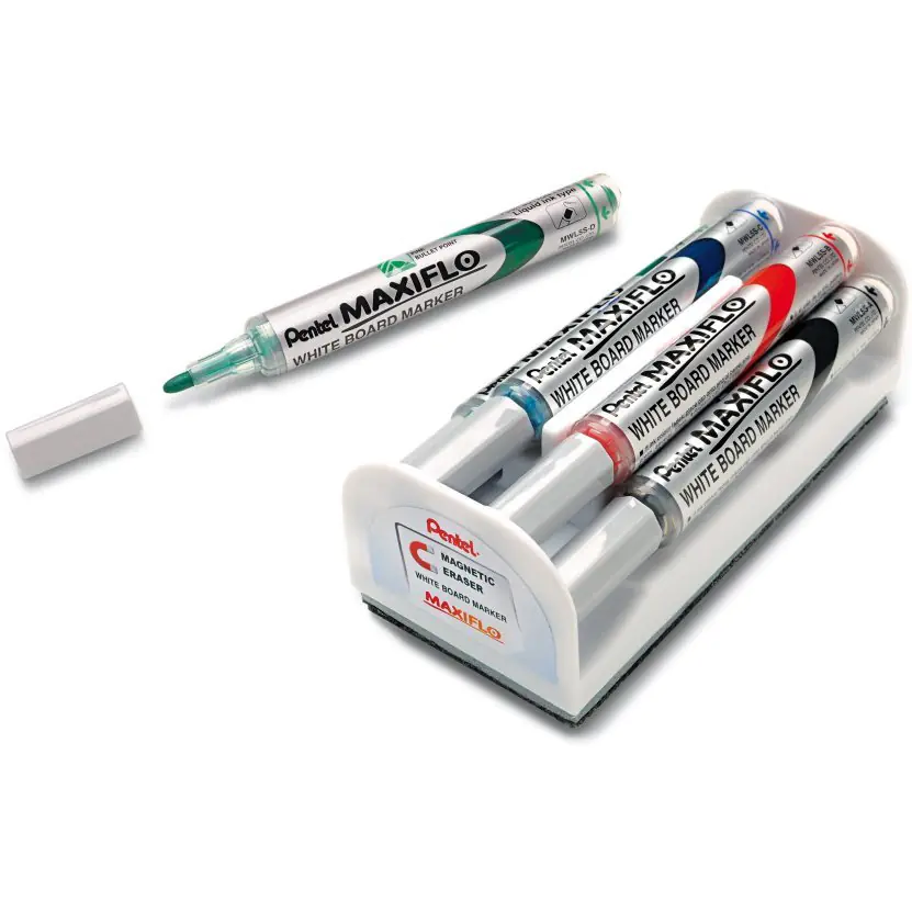 ⁨Marker do tablic PENTEL MAXIFLO komplet 4szt z gąbką MWL5S-4N⁩ w sklepie Wasserman.eu