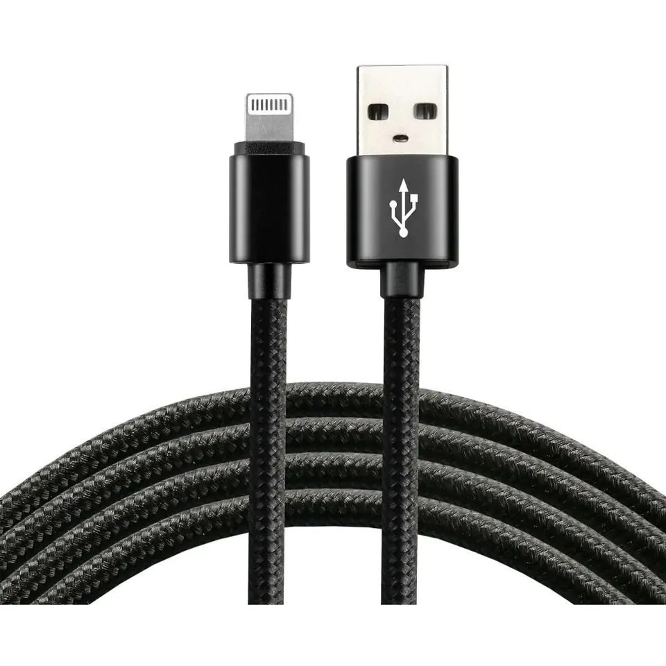⁨Kabel USB -> Lightning 2m 2,4A pleciony czarny EVERACTIVE (CBB-2IB)⁩ w sklepie Wasserman.eu