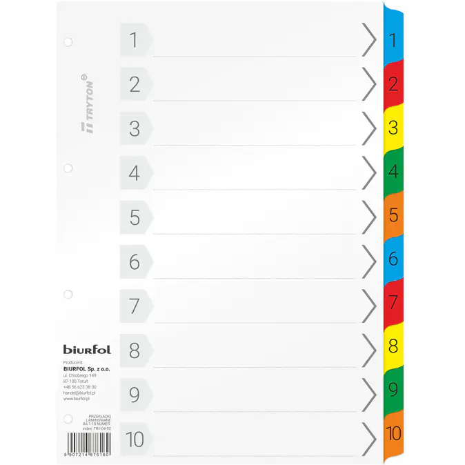 ⁨Przekładki laminowane A4 1-10 numeryczne TRY-04-02 BIURFOL⁩ w sklepie Wasserman.eu