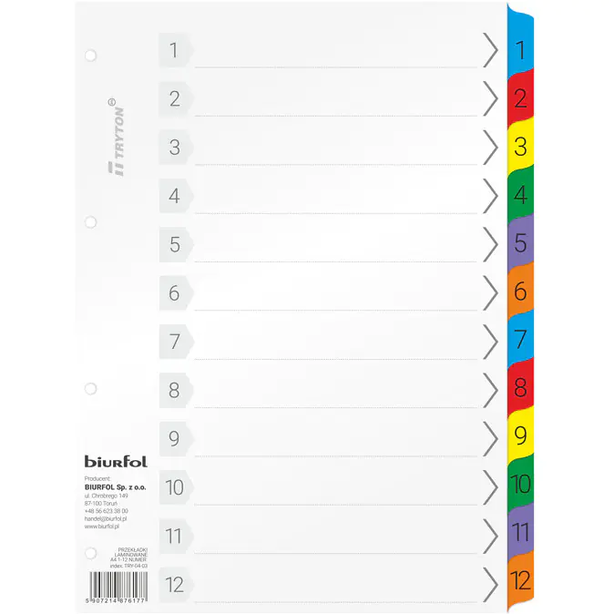⁨Przekładki laminowane A4 1-12 numeryczne TRY-04-03 BIURFOL⁩ w sklepie Wasserman.eu