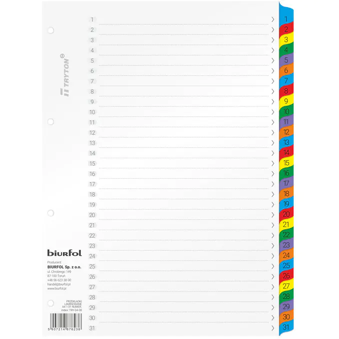 ⁨Przekładki laminowane A4 1-31 numeryczne TRY-04-08 BIURFOL⁩ w sklepie Wasserman.eu