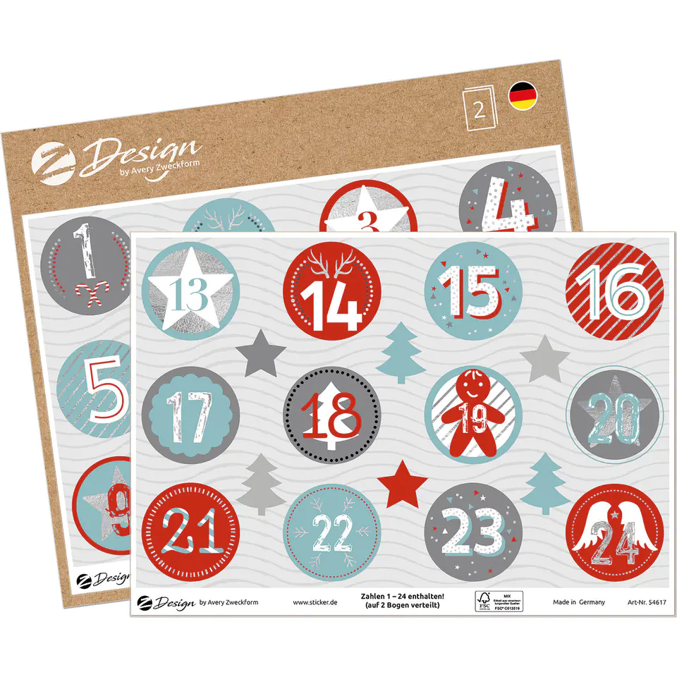 ⁨Paper stickers with silver embossing, on ark. A5 - Advent numbers Z-Design 54617⁩ at Wasserman.eu