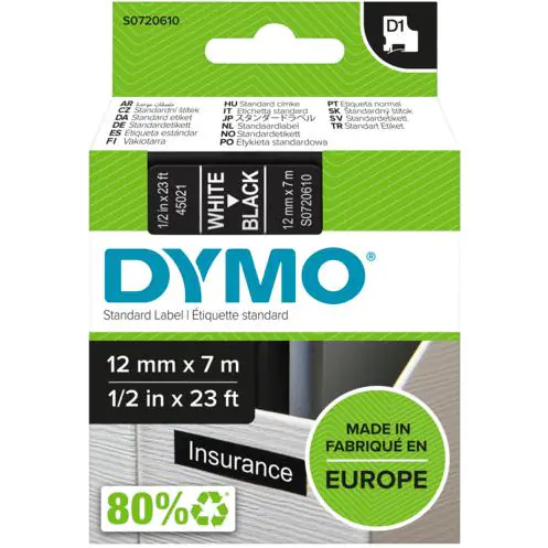 ⁨White tape printed on black 12mm x 7m DYMO S0720610⁩ at Wasserman.eu