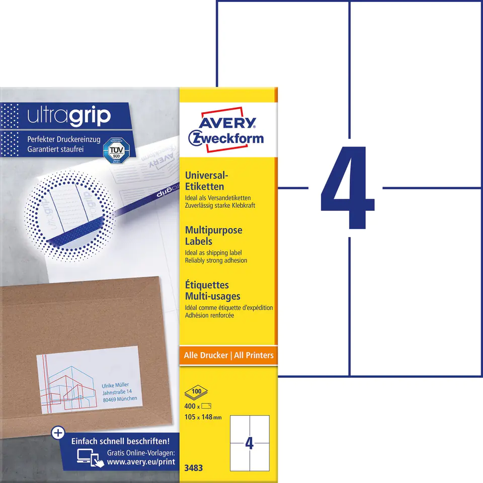 ⁨Labels A4 white(100 sheets) 105x148mm 3483 AVERY ZWECKFORM⁩ at Wasserman.eu