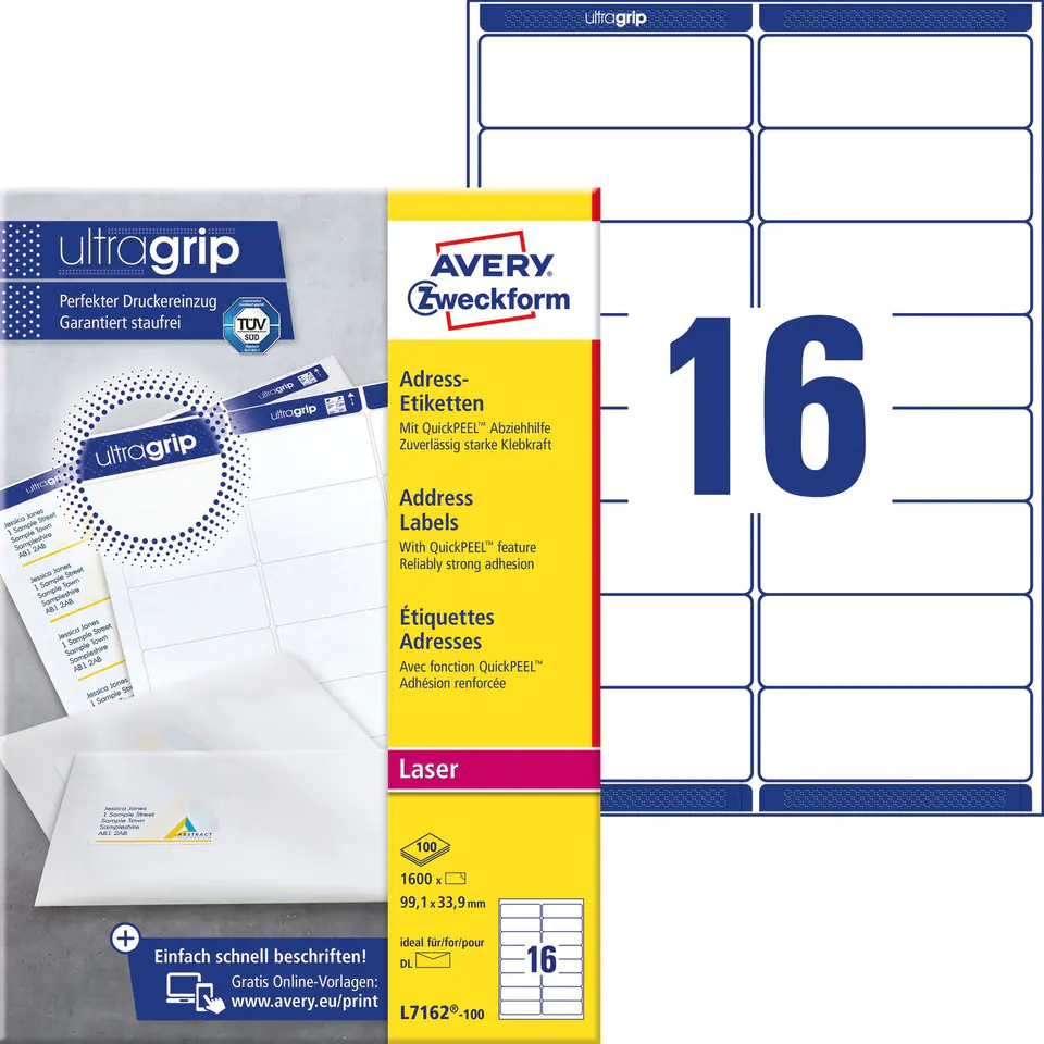⁨White A4 labels (100sheets)99.1*33.9mm L7162-100 AVERY ZWECKFORM⁩ at Wasserman.eu