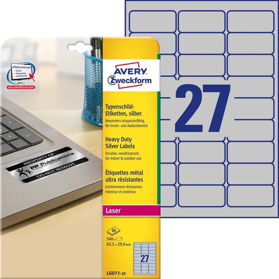 ⁨Heavy Duty Labels 63.5x29.6mm silver polyester L6011-20pcs AVERY ZWECKFORM⁩ at Wasserman.eu