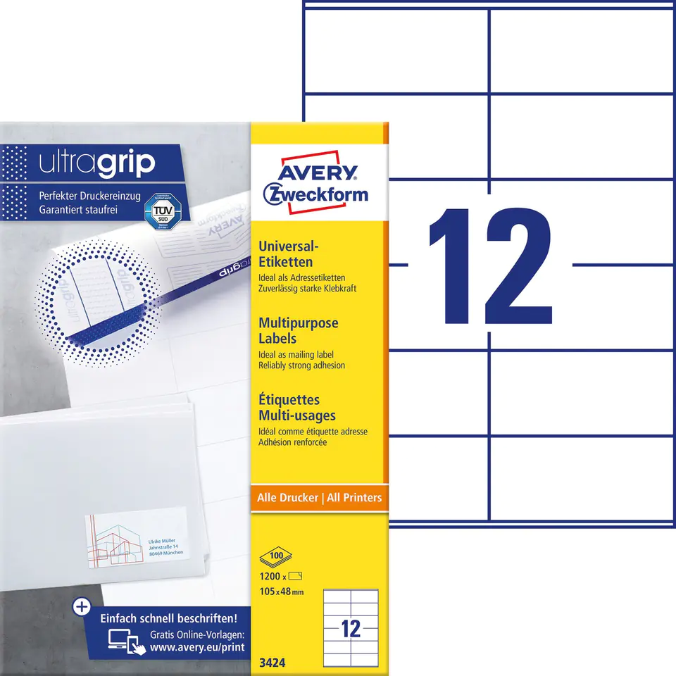 ⁨A4 labels white (100 sheets) 105x48mm 3424 AVERY ZWECKFORM⁩ at Wasserman.eu