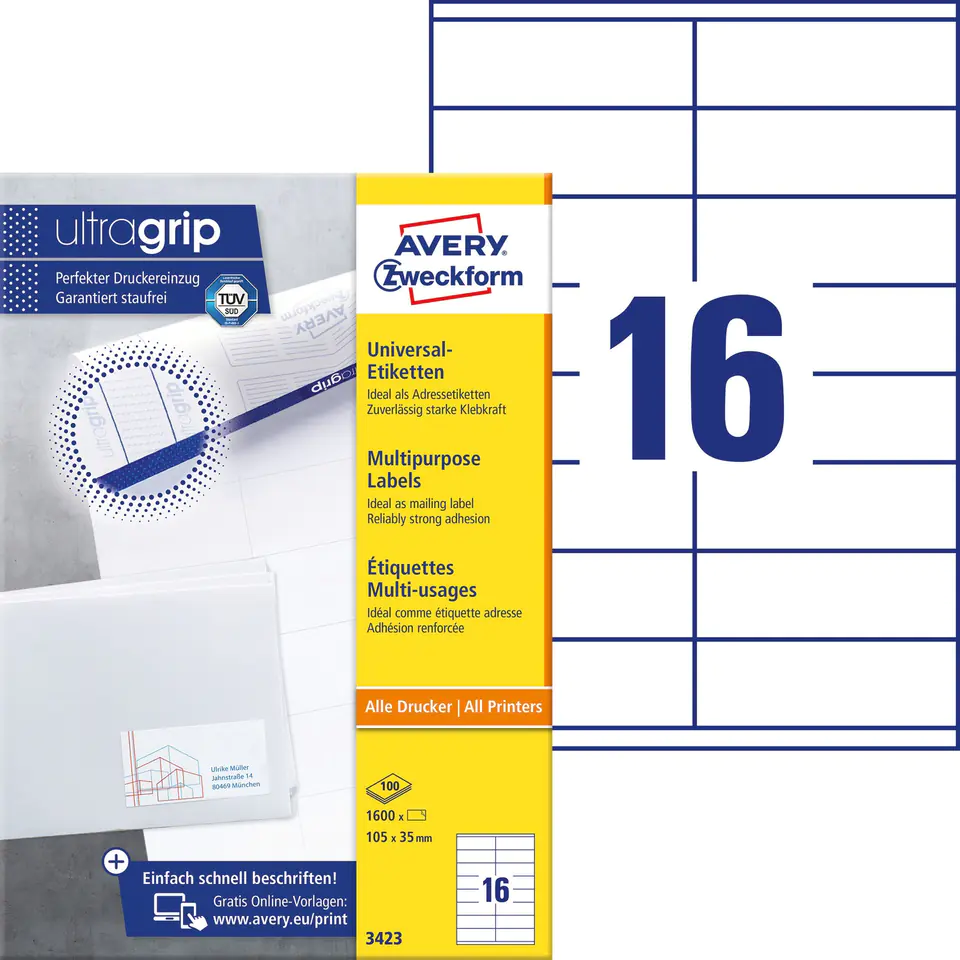 ⁨A4 labels white (100 sheets) 105x35mm ULTRA GRIP 3423 AVERY ZWECKFORM⁩ at Wasserman.eu