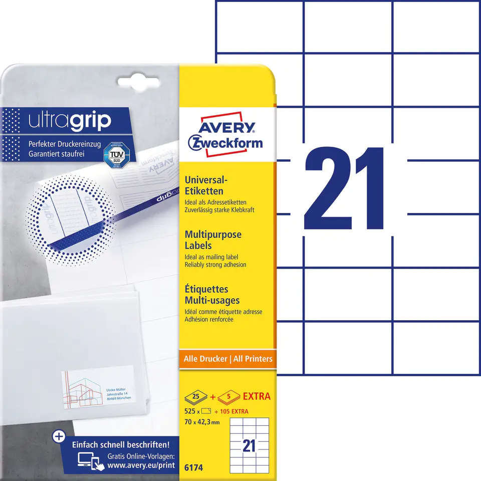 ⁨White A4 labels (30 sheets) 70x42.3mm 6174 AVERY ZWECKFORM⁩ at Wasserman.eu