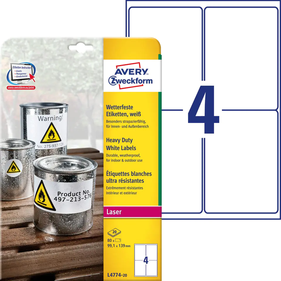 ⁨Labels A4 white Heavy Duty 99,1x139mm polyester L4774-20 (20 sheets) AVERY ZWECKFORM⁩ at Wasserman.eu