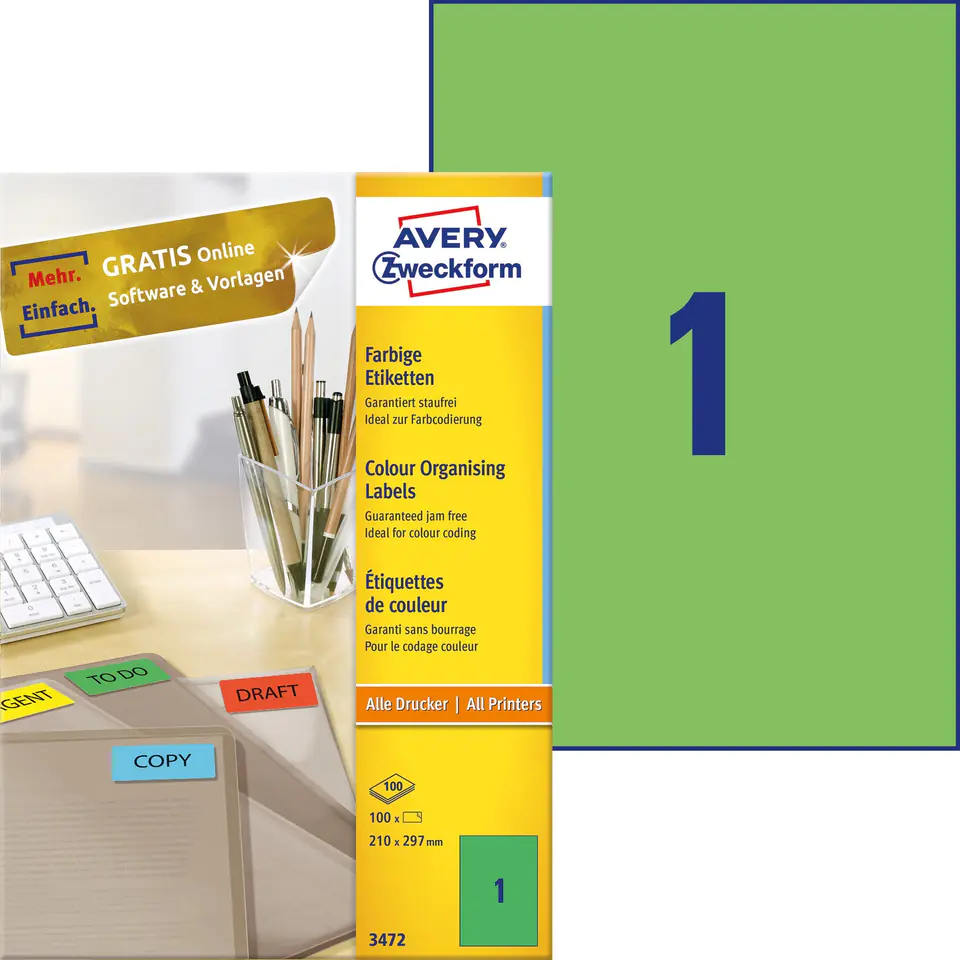 ⁨Labels A4 Green(100sheet)210*297mm 3472 AVERY ZWECKFORM⁩ at Wasserman.eu