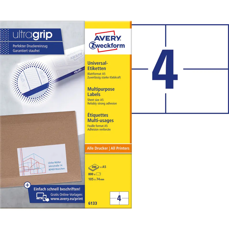 ⁨Etykiety ZF A5 105x74mm 6133 (200) białe uniwersalne AVERY ZWECKFORM⁩ w sklepie Wasserman.eu