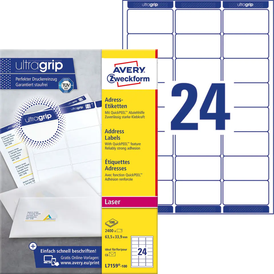 ⁨Labels A4 white(100sheets)63,5x33,9mm L7159-100 AVERY ZWECKFORM⁩ at Wasserman.eu
