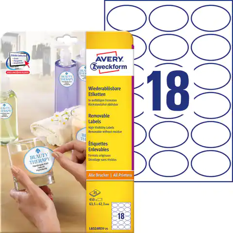 ⁨Labels ZF 63,5x42,3mm oval removable L6024REV-25 (25 sheets) AVERY ZWECKFORM⁩ at Wasserman.eu