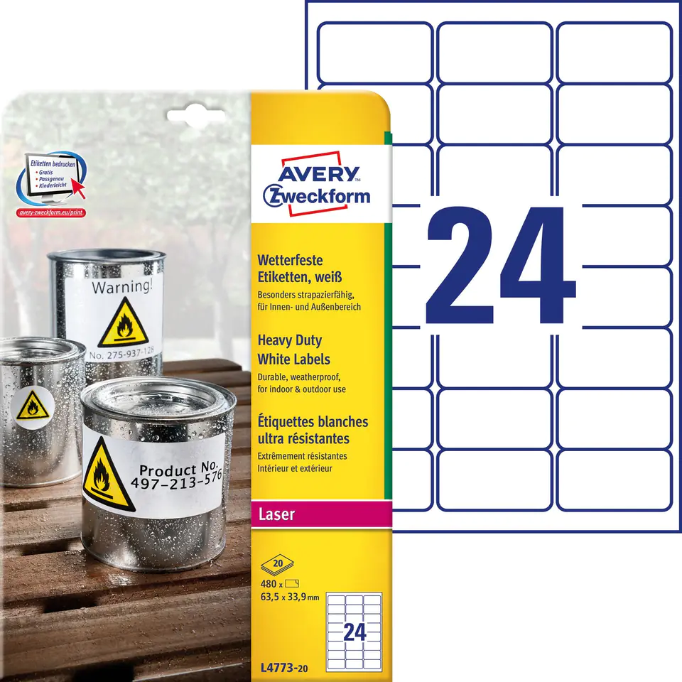 ⁨Heavy Duty Labels 63.5x33.9mm L4773-20 ZF 20ark AVERY ZWECKFORM⁩ at Wasserman.eu