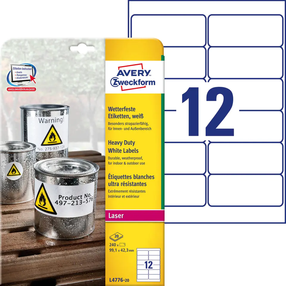 ⁨Heavy Duty Labels 99.1x42.3mm white polyester L4776-20pcs ZF AVERY ZWECKFORM⁩ at Wasserman.eu