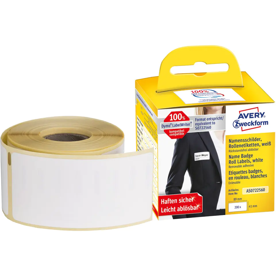 ⁨Name identifiers in a roll of 200 ethicists. 41 x 89 mm, removable, white AS0722560 Avery Zweckform⁩ at Wasserman.eu