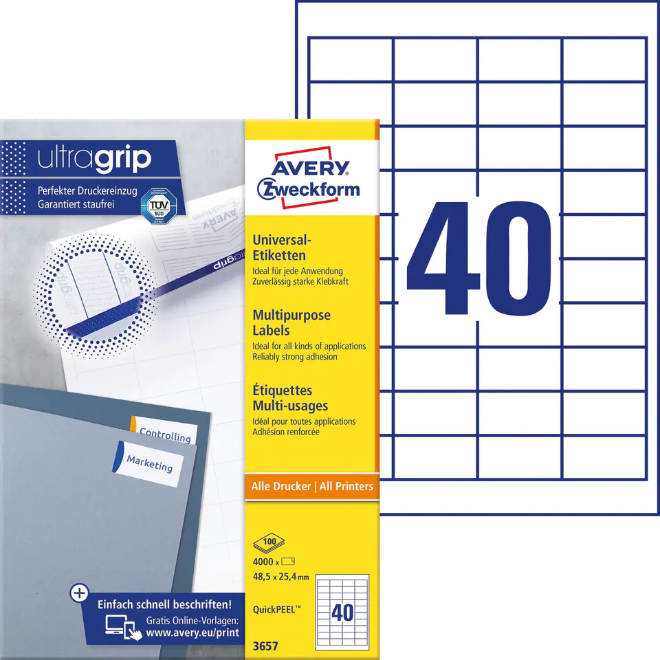 ⁨A4 labels white(100 sheets)48,5x25,4mm 3657 AVERY ZWECKFORM⁩ at Wasserman.eu