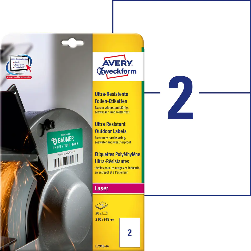 ⁨Avery L7916-10 self-adhesive label Rectangle Permanent White 20 pc(s)⁩ at Wasserman.eu