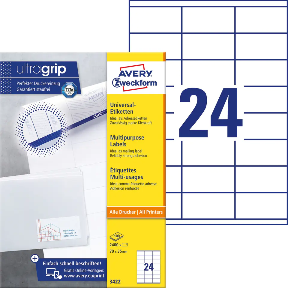 ⁨White A4 labels (100 sheets) 70x35mm 3422 AVERY ZWECKFORM⁩ at Wasserman.eu