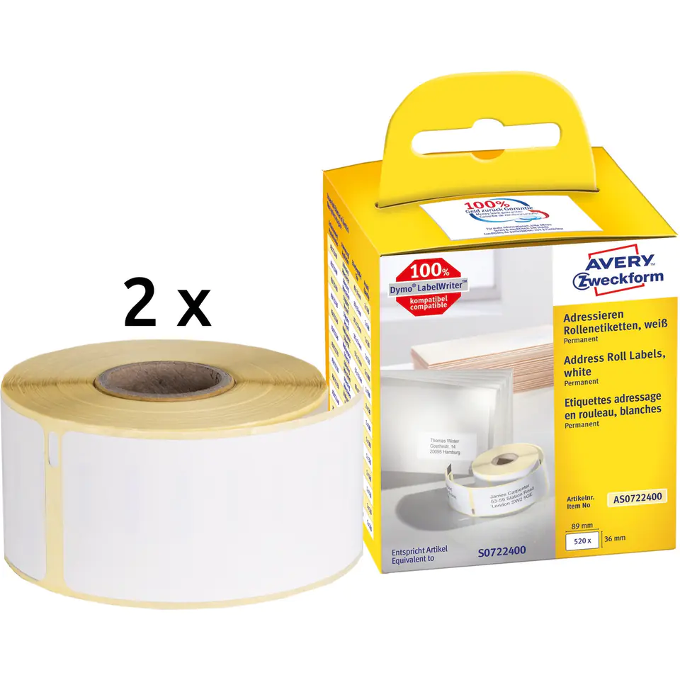 ⁨Address labels in roll 260 ethicists. (2) 36 x 89 mm, durable, white AS0722400 Avery Zweckform⁩ at Wasserman.eu