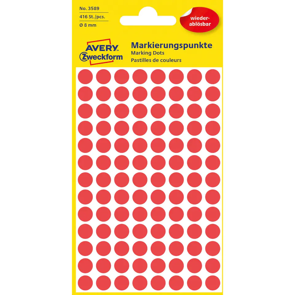 ⁨Removable casters Q8mm 416pcs/pack red 3589 AVERY ZWECKFORM⁩ at Wasserman.eu