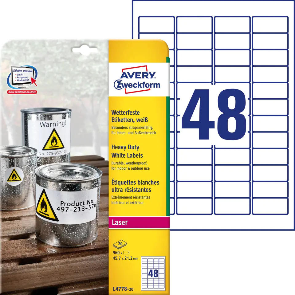 ⁨Labels ZF 45.7*21.2 L4778-20 polyester (20) AVERY ZWECKFORM⁩ at Wasserman.eu